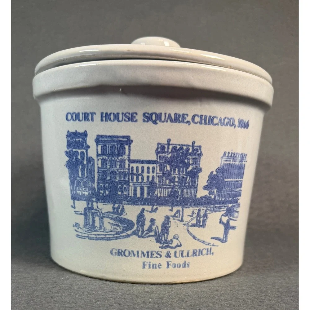 Grommes & Ullrich Fine Foods Chicago‎ 1866 Ceramic Crock with Lid Blue White